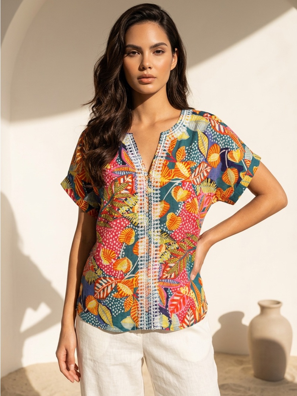 Cynthia Rowley Large Multicolor Floral White Embroidered Trim SS HiLo Top Blouse